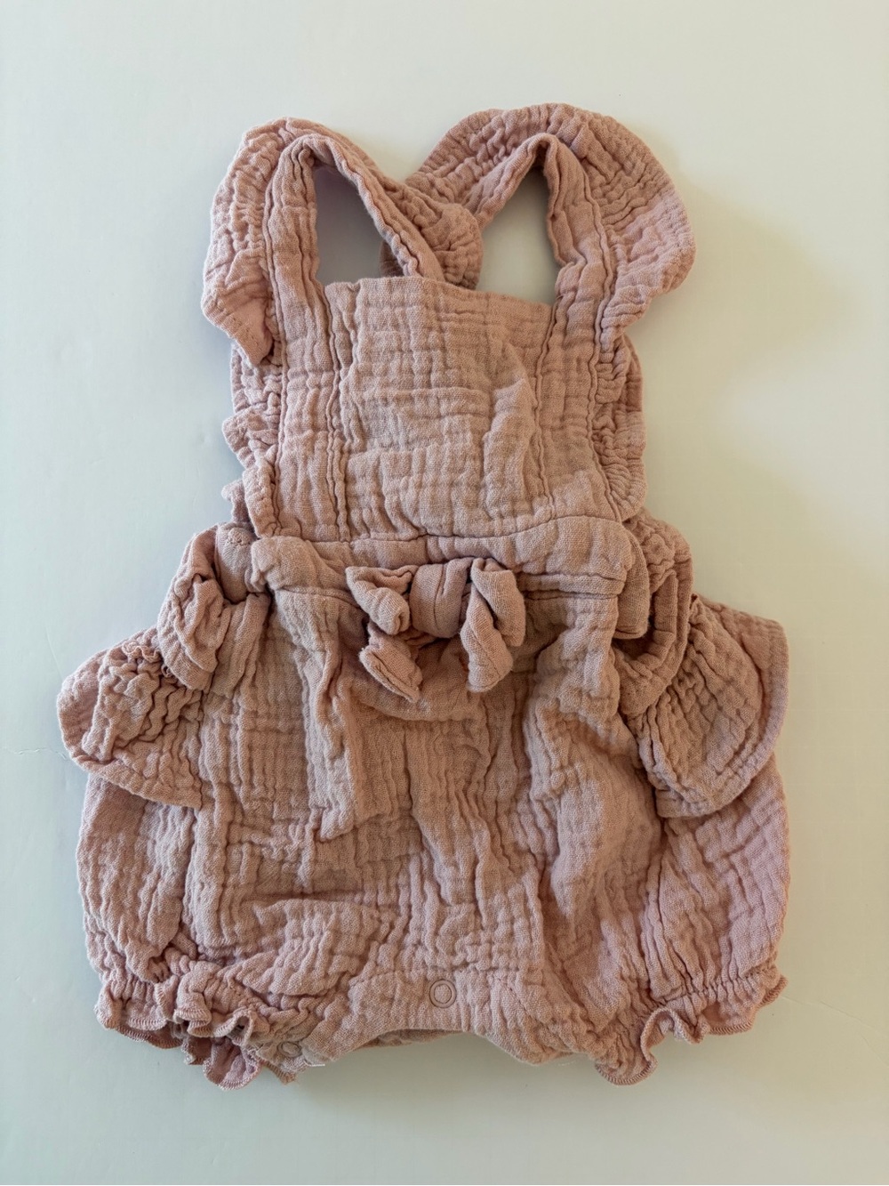 Girls Dusty Rose Muslin Ruffle Bubble Romper